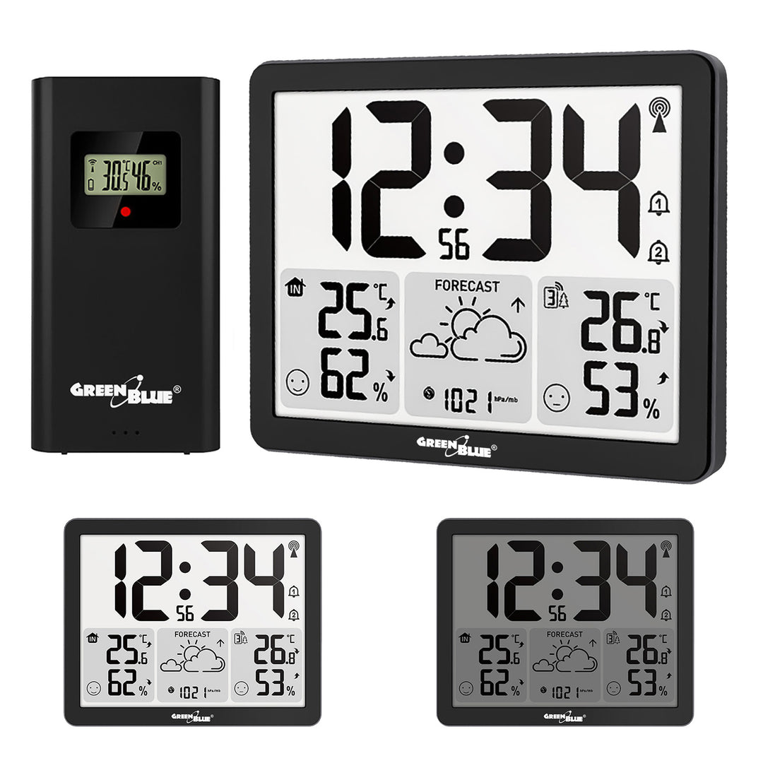 Stazione meteorologica wireless GreenBlue, temperatura e umidità IN/OUT, orologio/sveglia/data, °C / °F, portata fino a 60 m, GB443 B