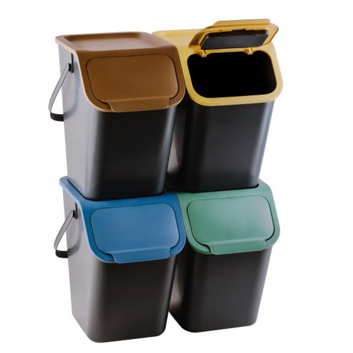 Set di 4 contenitori neri per la raccolta differenziata BINI con coperchi colorati giallo/verde/blu/marrone + 5 filtri al carbone
