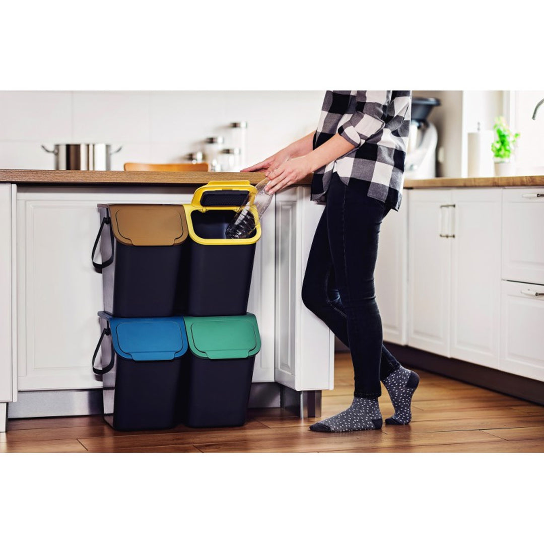 Set di 4 contenitori neri per la raccolta differenziata BINI con coperchi colorati giallo/verde/blu/marrone + 5 filtri al carbone