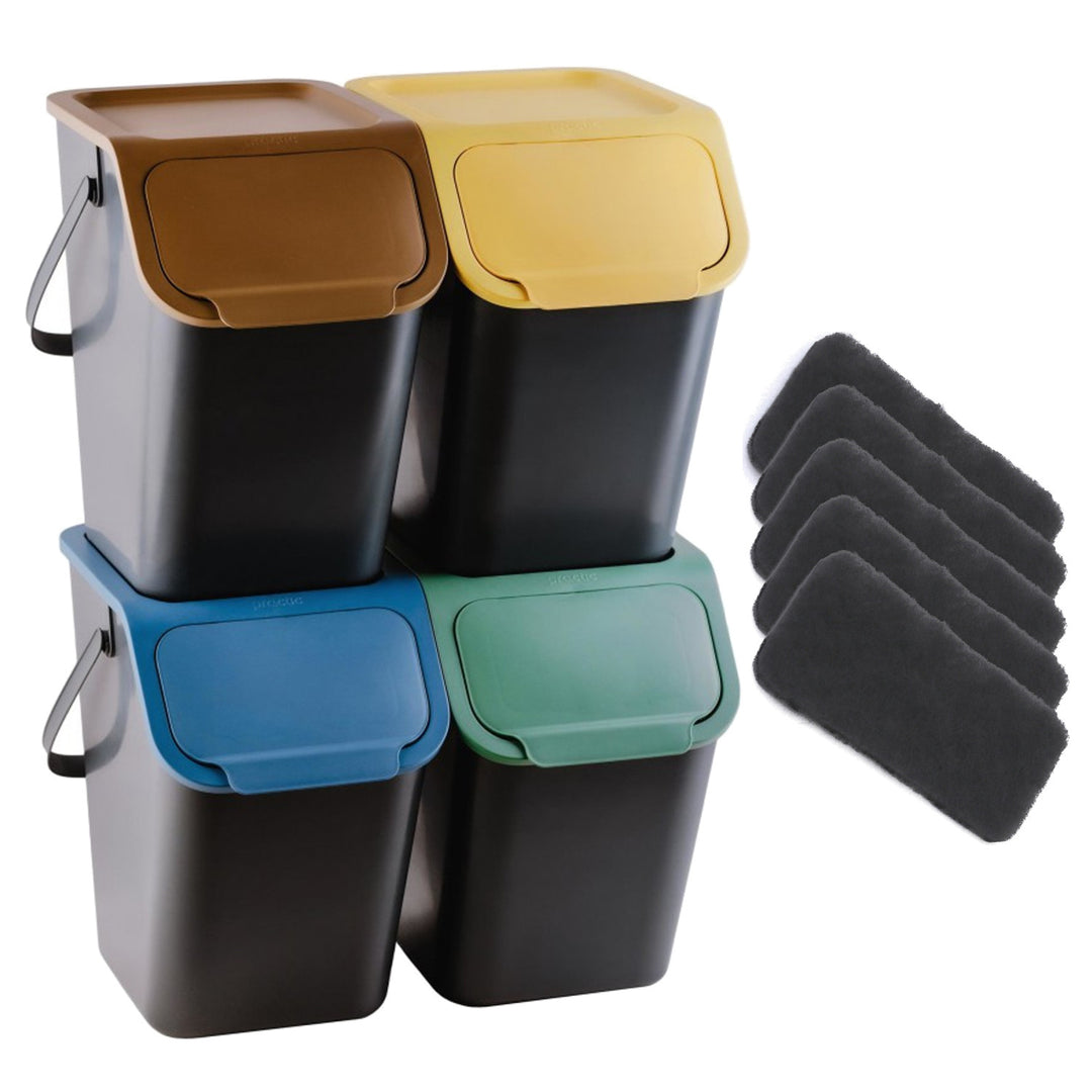 Set di 4 contenitori neri per la raccolta differenziata BINI con coperchi colorati giallo/verde/blu/marrone + 5 filtri al carbone