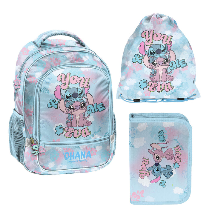 Set scolastico Stitch Paso, zaino a due scomparti con elementi riflettenti e schienale rinforzato, astuccio vuoto con tasche per gli strumenti, sacca porta scarpe da agganciare allo zaino, DS26WW