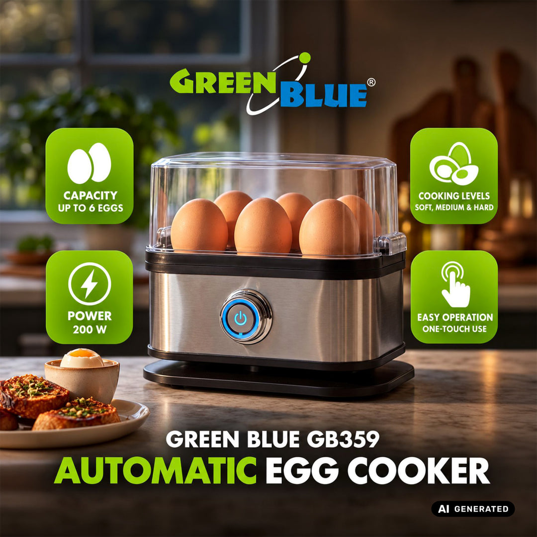 Cuociuova automatico GreenBlue, potenza 200 W, fino a 6 uova, misurino, 220-240 V~, 50/60 Hz, GB359