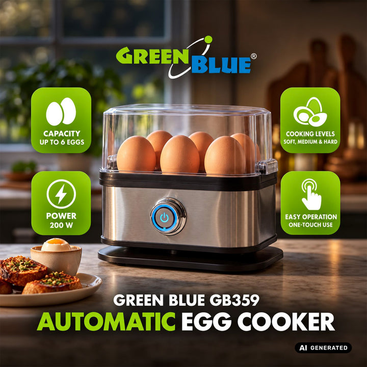 Cuociuova automatico GreenBlue, potenza 200 W, fino a 6 uova, misurino, 220-240 V~, 50/60 Hz, GB359