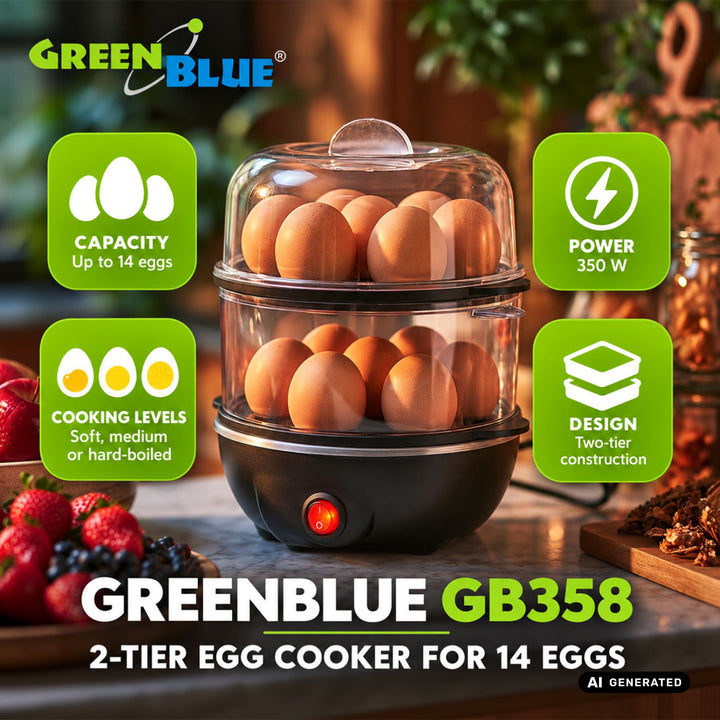 Cuocipartite a 2 livelli per 14 uova GreenBlue, potenza 350 W, fino a 14 uova, 220-240 V~, 50/60 Hz, GB358