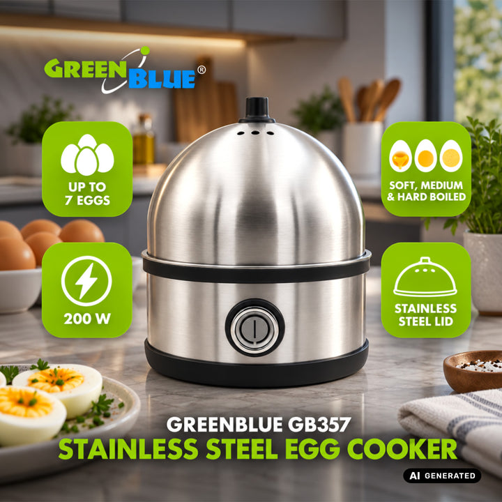 Cuociuova in acciaio inossidabile GreenBlue, potenza 200 W, fino a 7 uova, misurino, 220-240 V~, 50/60 Hz, GB357