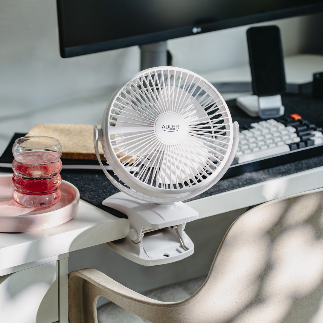 Ventilatore da scrivania con clip, a batteria, 15,5 cm, rotazione a 360°, USB-C, Adler