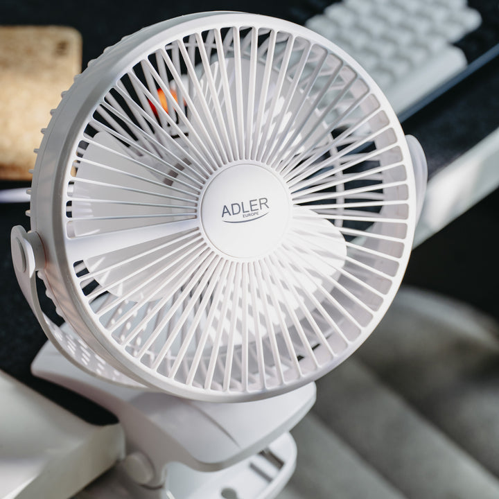 Ventilatore da scrivania con clip, a batteria, 15,5 cm, rotazione a 360°, USB-C, Adler