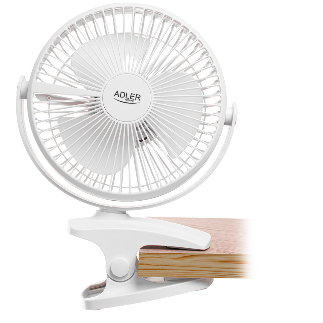 Ventilatore da scrivania con clip, a batteria, 15,5 cm, rotazione a 360°, USB-C, Adler