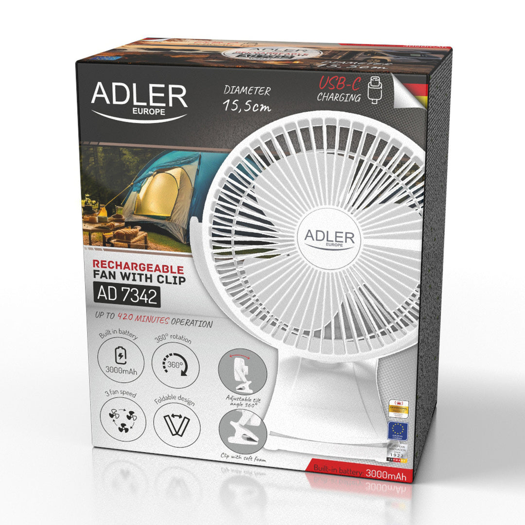 Ventilatore da scrivania con clip, a batteria, 15,5 cm, rotazione a 360°, USB-C, Adler
