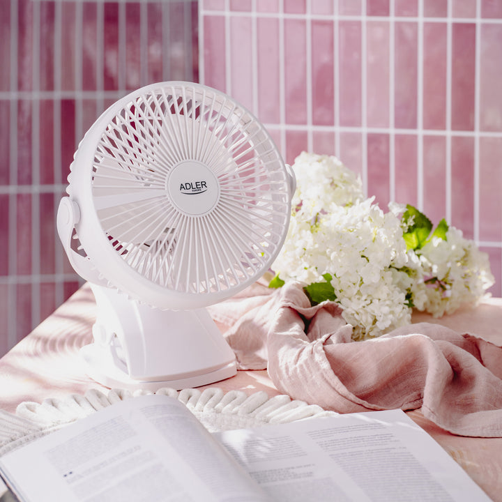 Ventilatore da scrivania con clip, a batteria, 15,5 cm, rotazione a 360°, USB-C, Adler
