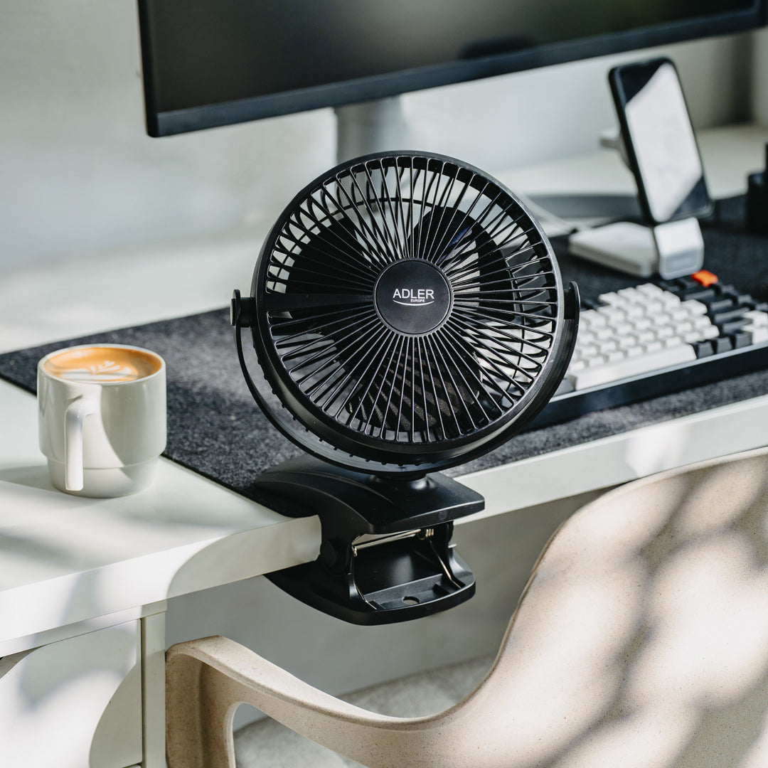 Ventilatore da scrivania con clip, a batteria, 15,5 cm, rotazione a 360°, USB-C, Adler