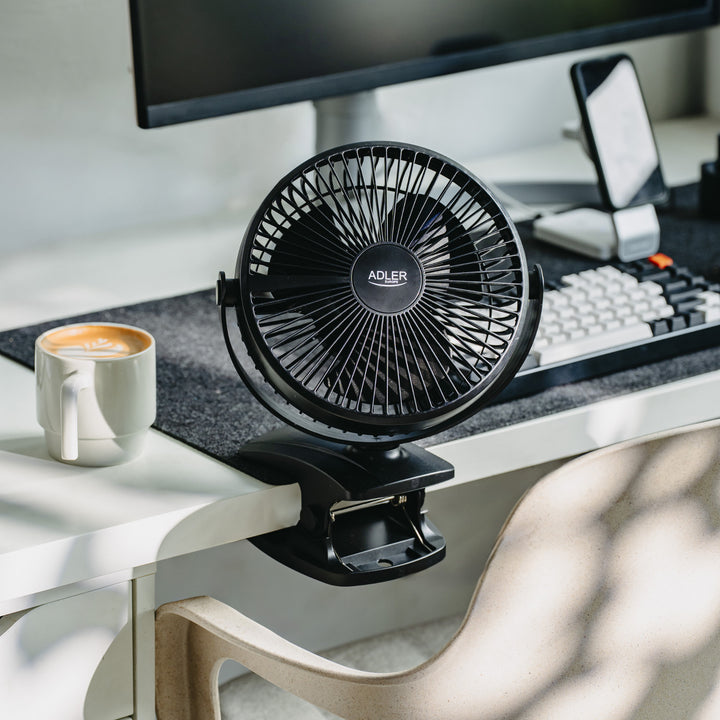 Ventilatore da scrivania con clip, a batteria, 15,5 cm, rotazione a 360°, USB-C, Adler