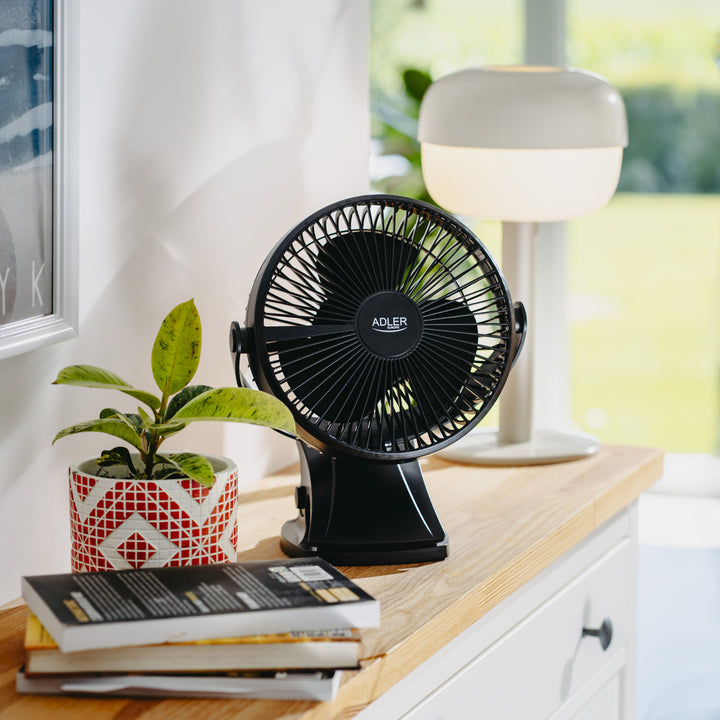 Ventilatore da scrivania con clip, a batteria, 15,5 cm, rotazione a 360°, USB-C, Adler