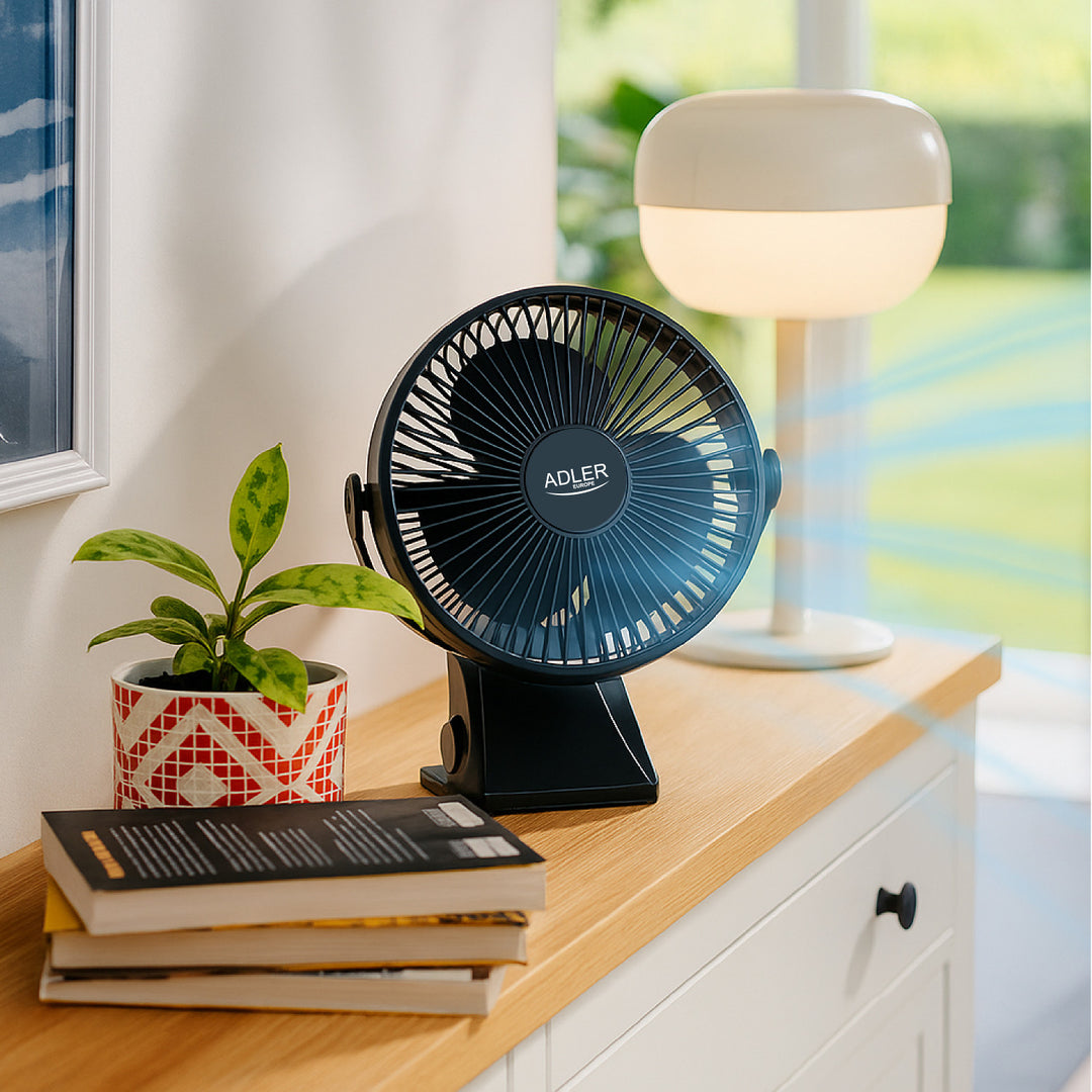 Ventilatore da scrivania con clip, a batteria, 15,5 cm, rotazione a 360°, USB-C, Adler