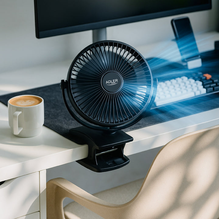 Ventilatore da scrivania con clip, a batteria, 15,5 cm, rotazione a 360°, USB-C, Adler