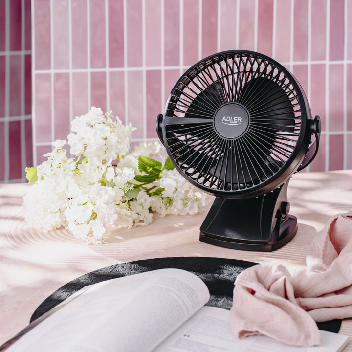 Ventilatore da scrivania con clip, a batteria, 15,5 cm, rotazione a 360°, USB-C, Adler