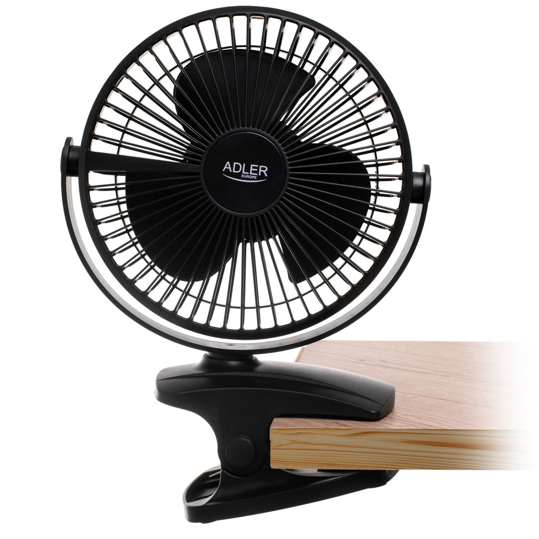 Ventilatore da scrivania con clip, a batteria, 15,5 cm, rotazione a 360°, USB-C, Adler