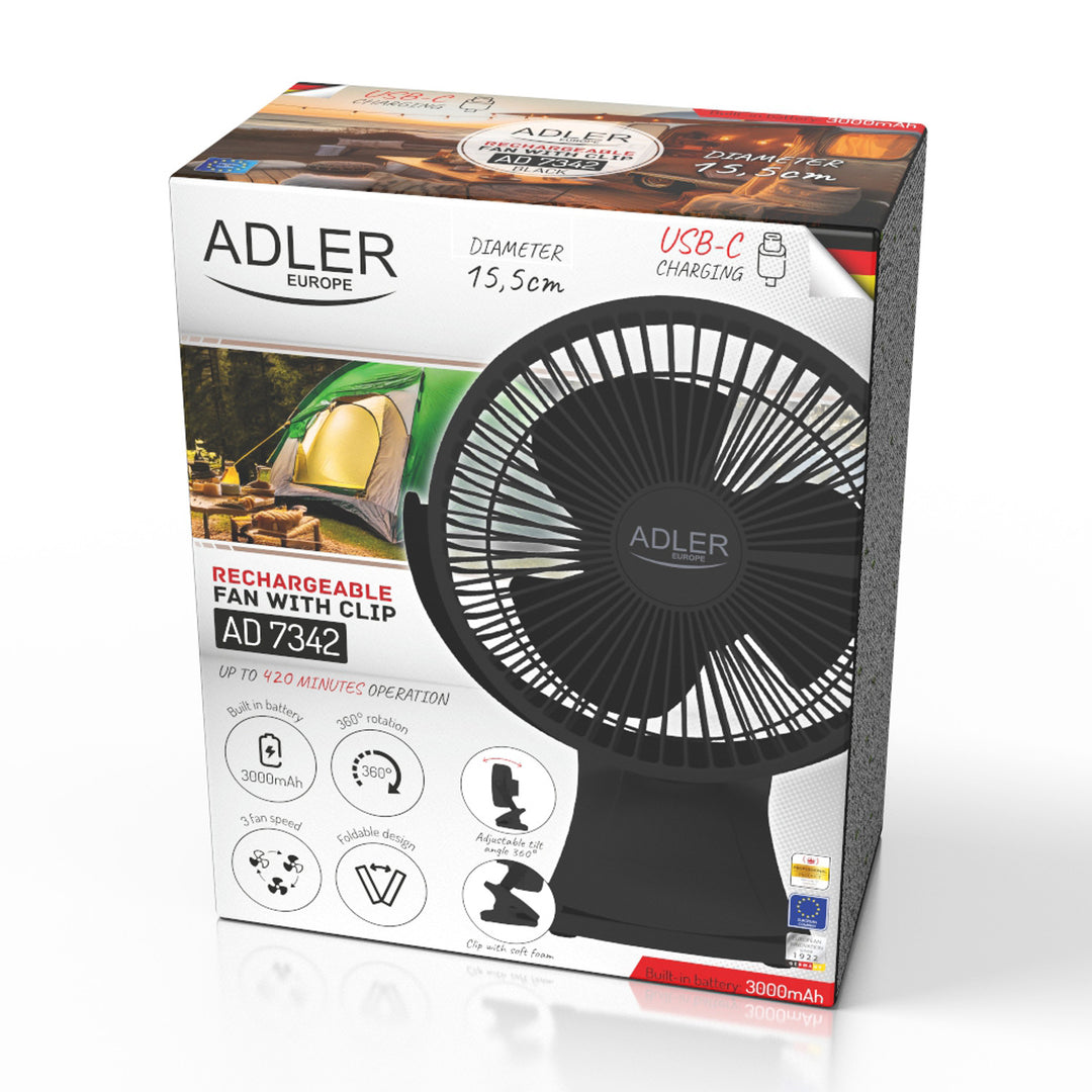 Ventilatore da scrivania con clip, a batteria, 15,5 cm, rotazione a 360°, USB-C, Adler