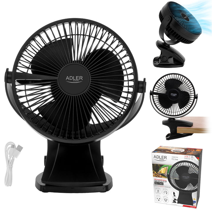 Ventilatore da scrivania con clip, a batteria, 15,5 cm, rotazione a 360°, USB-C, Adler