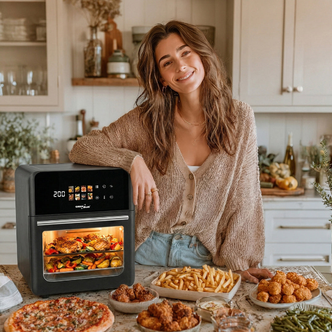Friggitrice ad aria GreenBlue AIR FRYER, potenza 1800 W, capacità 10 l, 8 programmi, accessori, timer, modello GB950 + 100 sacchetti di carta da 16 cm