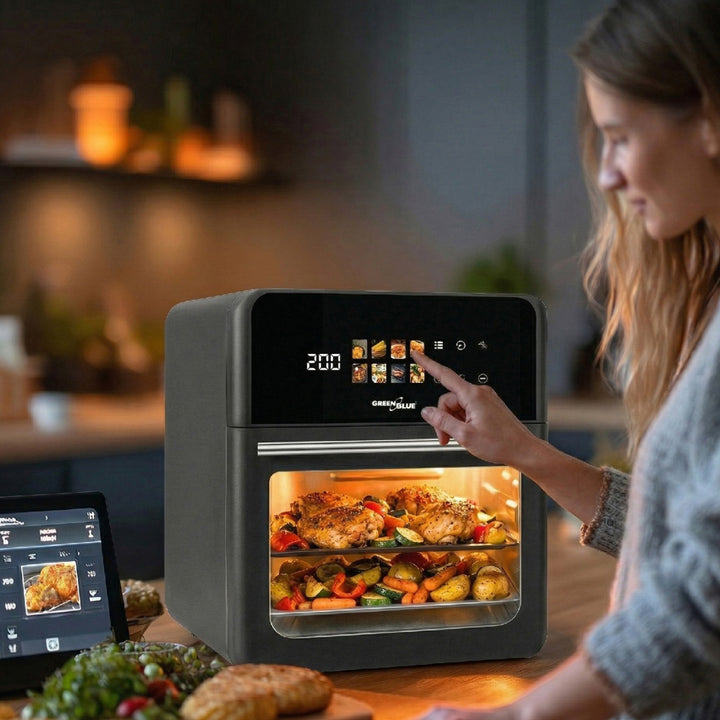 Friggitrice ad aria GreenBlue AIR FRYER, potenza 1800 W, capacità 10 l, 8 programmi, accessori, timer, modello GB950 + 100 sacchetti di carta da 16 cm