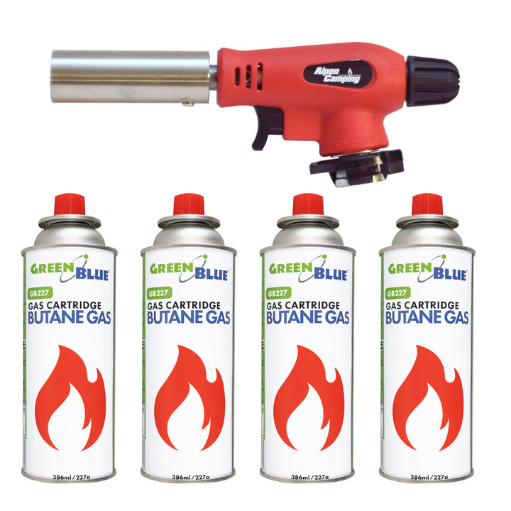 Bruciatore a cartuccia Alpen Camping, raggio d'azione 360°, temperatura della fiamma 1300 °C, accensione piezoelettrica, OLIMP + 4 cartucce di gas da 227 g GreenBlue. Certificato: Pi 0875, conforme alla norma EN417
