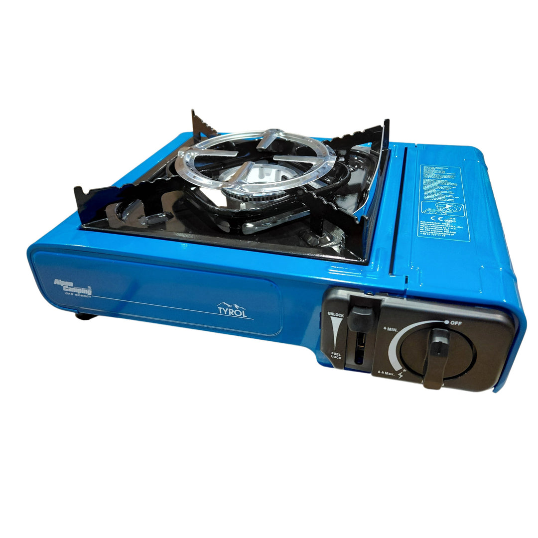 Fornello da campeggio Alpen Camping, potenza: 2,0 kW, consumo di gas 146 g/h, accensione piezoelettrica, TYROL+ 4 bombolette di gas da 227 g GreenBlue. Certificato: Pi 0875, conforme alla norma EN 417