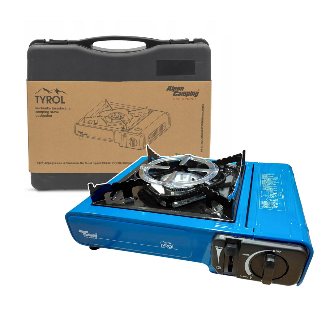 Fornello da campeggio Alpen Camping, potenza: 2,0 kW, consumo di gas 146 g/h, accensione piezoelettrica, TYROL+ 4 bombolette di gas da 227 g GreenBlue. Certificato: Pi 0875, conforme alla norma EN 417