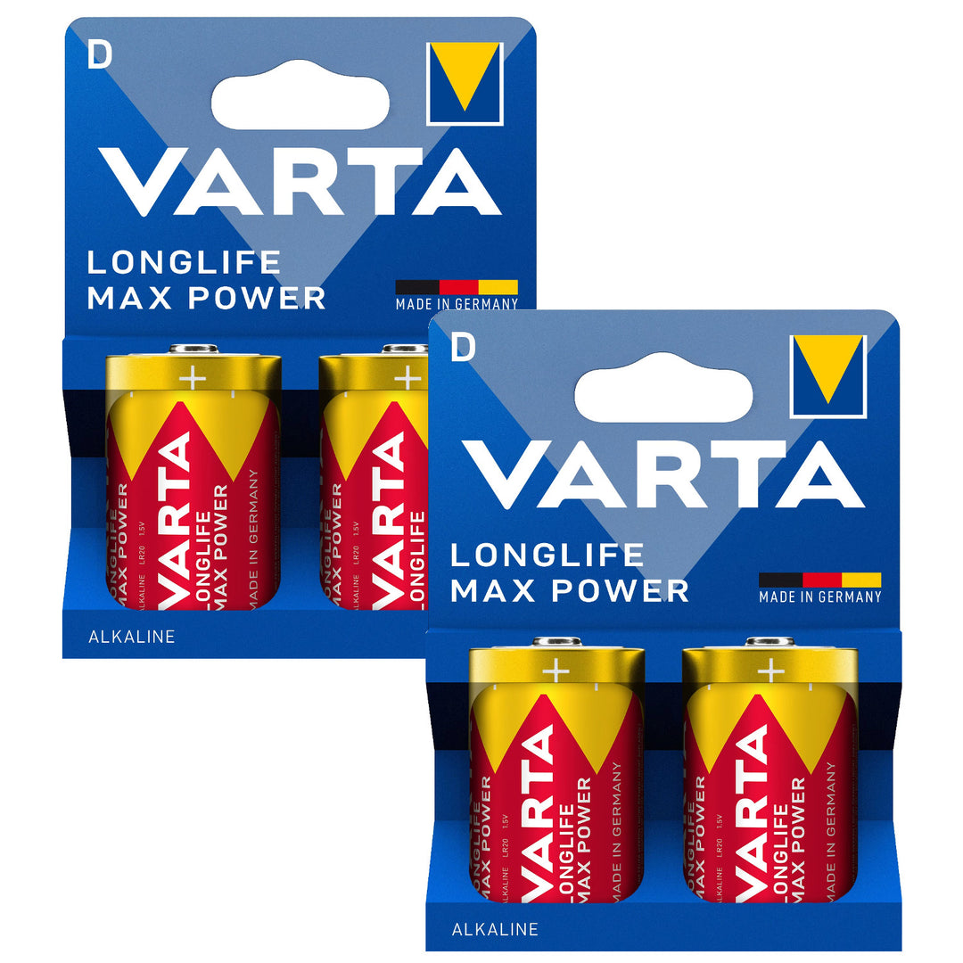 4 batterie alcaline R-20 R20 D da 1,5 V Varta Longlife Max Power