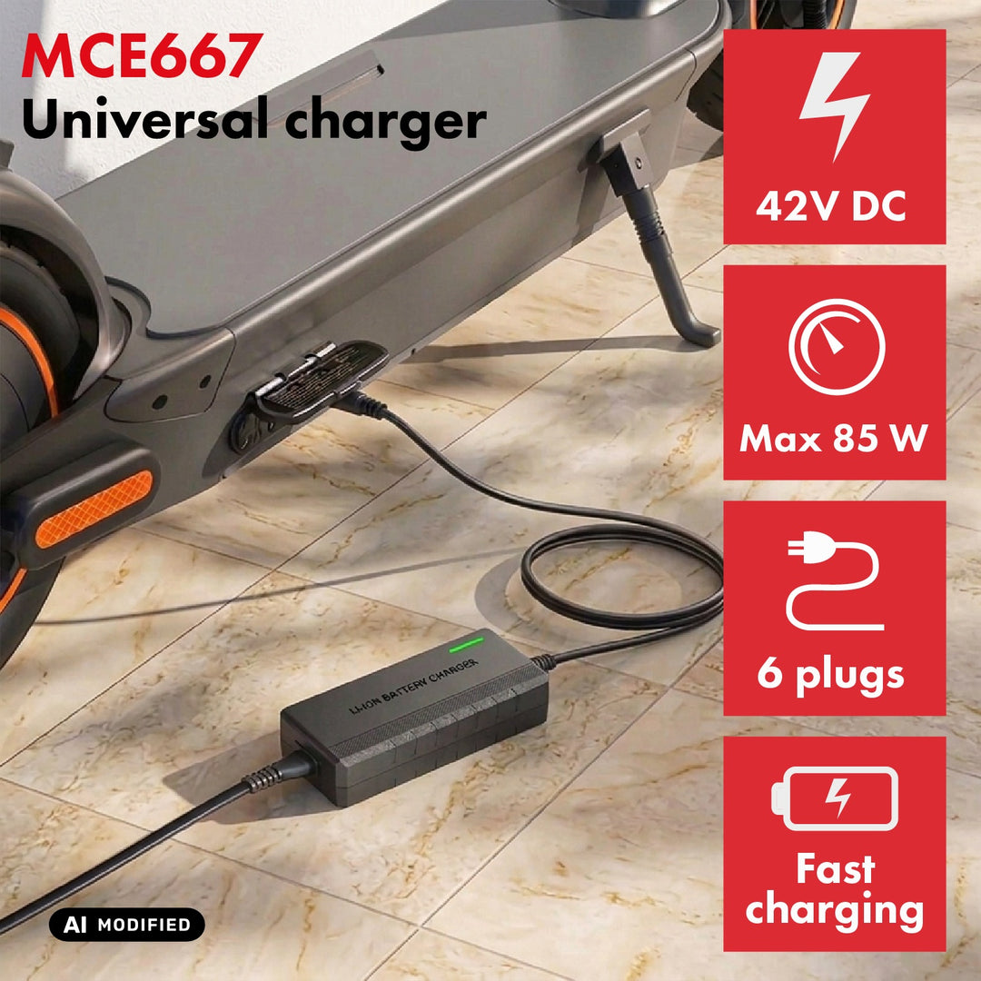 Caricabatterie universale / Alimentatore Maclean Energy, per monopattini elettrici, 42 V CC, 2 A, max 85 W, ricarica rapida, 6 connettori, MCE667