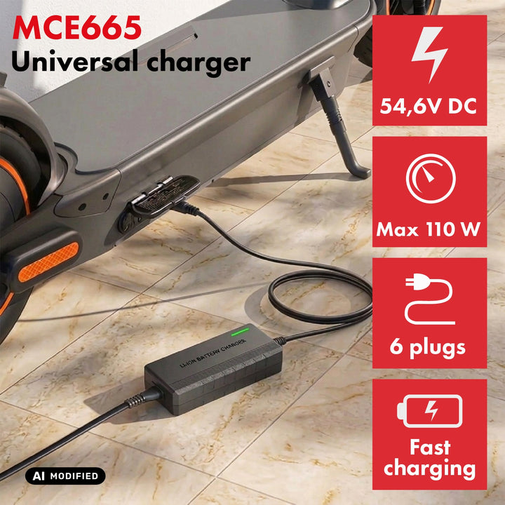 Caricabatterie universale / Alimentatore Maclean Energy, per monopattini elettrici, 54,6 V CC, 2 A, max 110 W, ricarica rapida, 6 spine, MCE665