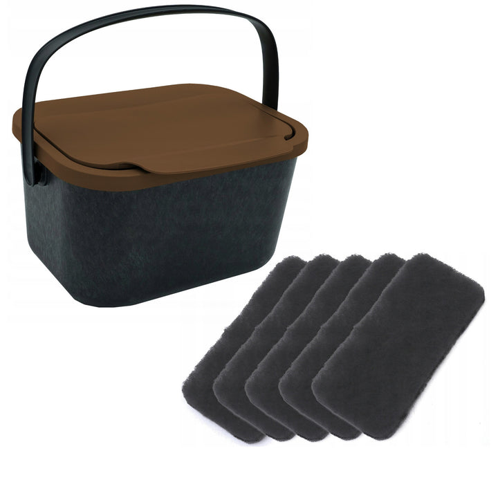 Contenitore per rifiuti organici, capacità 4,5 litri, nero con coperchio marrone, Mini Bini + 5 filtri al carbone Practic