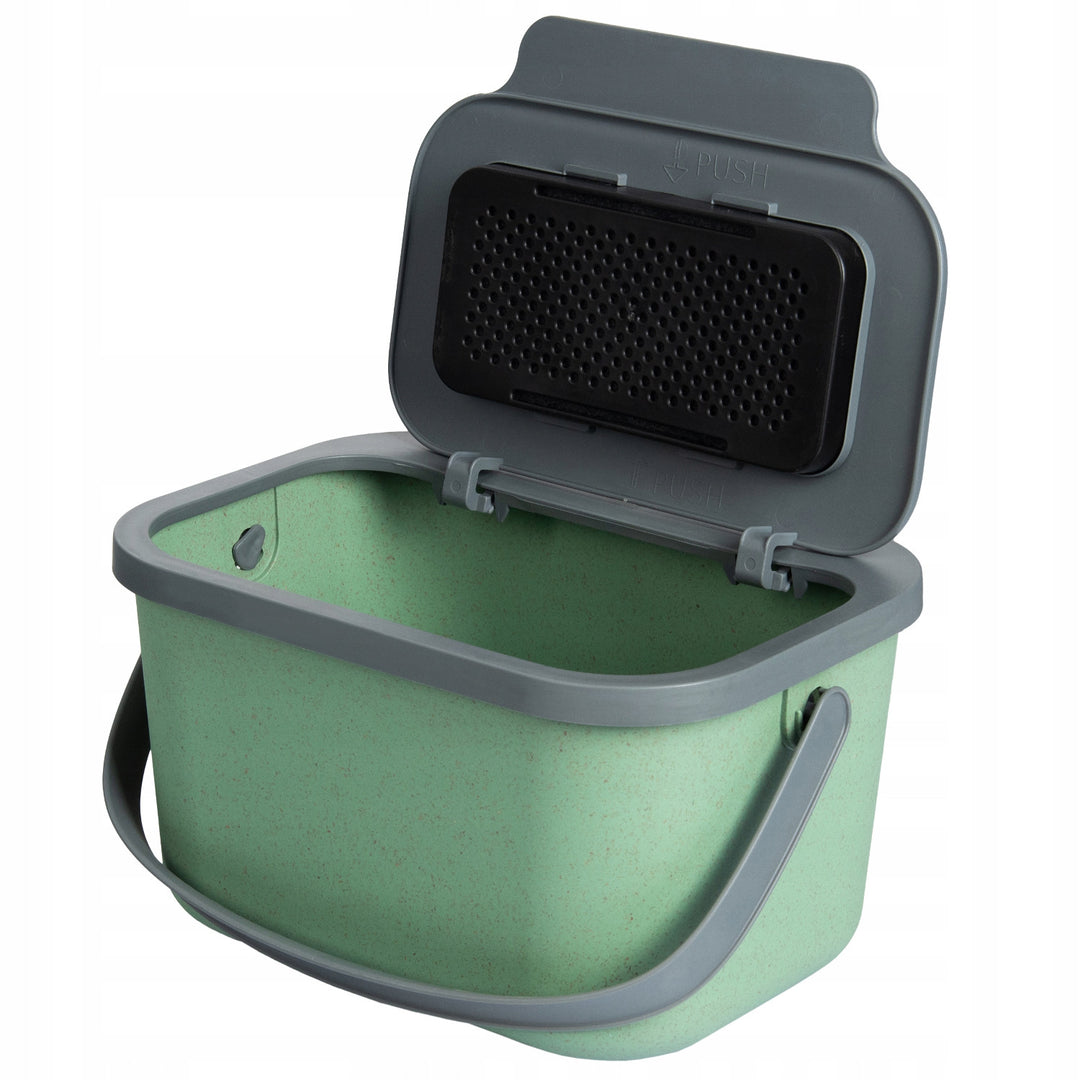 Contenitore per rifiuti organici, capacità 4,5 litri, verde con coperchio grigio, Mini Bini + 5 filtri al carbone Practic