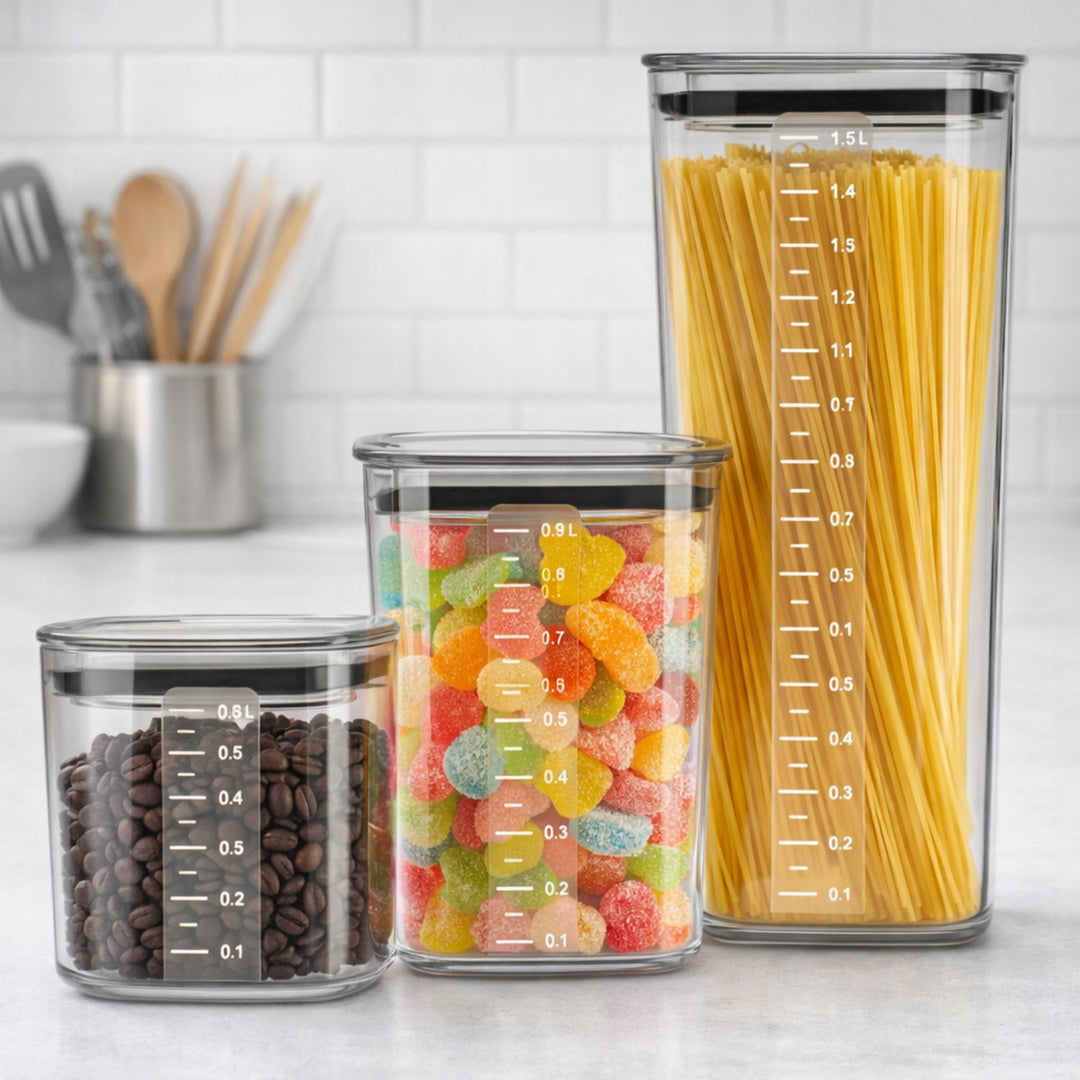 Contenitori da cucina Practic per alimenti sfusi, capacità 0,6 l, 0,9 l, 1,5 l, coperchi con guarnizione,