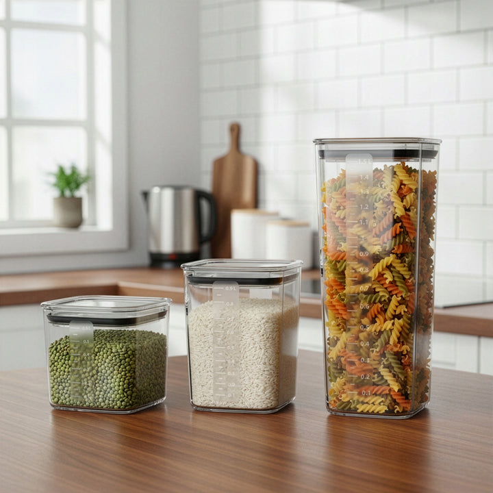 Contenitori da cucina Practic per alimenti sfusi, capacità 0,6 l, 0,9 l, 1,5 l, coperchi con guarnizione,
