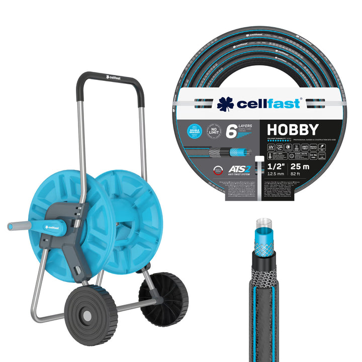 Carrello portatubo Cellfast Aluplus da 1/2" e 60 m + tubo da giardino Cellfast Hobby ATS2 da 1/2" e 25 m