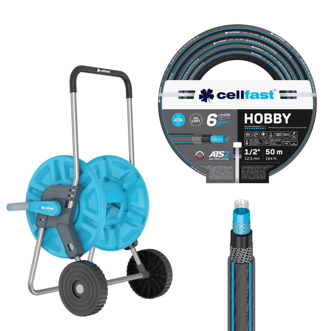 Carrello portatubo Cellfast Aluplus da 1/2" e 60 m + tubo da giardino Cellfast Hobby ATS2 da 1/2" e 50 m