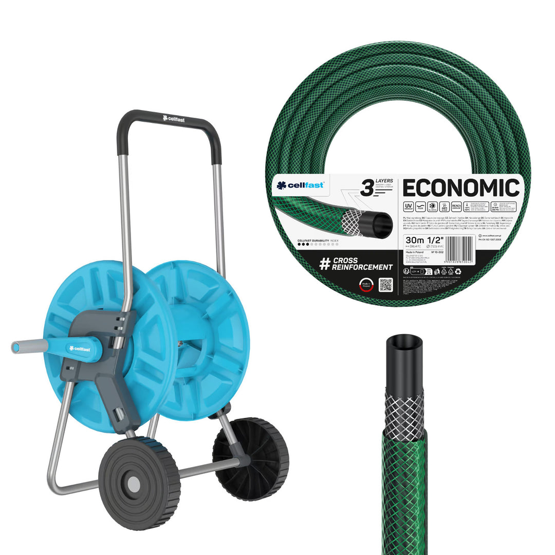 Carrello portatubo Cellfast Aluplus da 1/2" e 60 m + tubo da giardino Cellfast Economic da 1/2" e 30 m