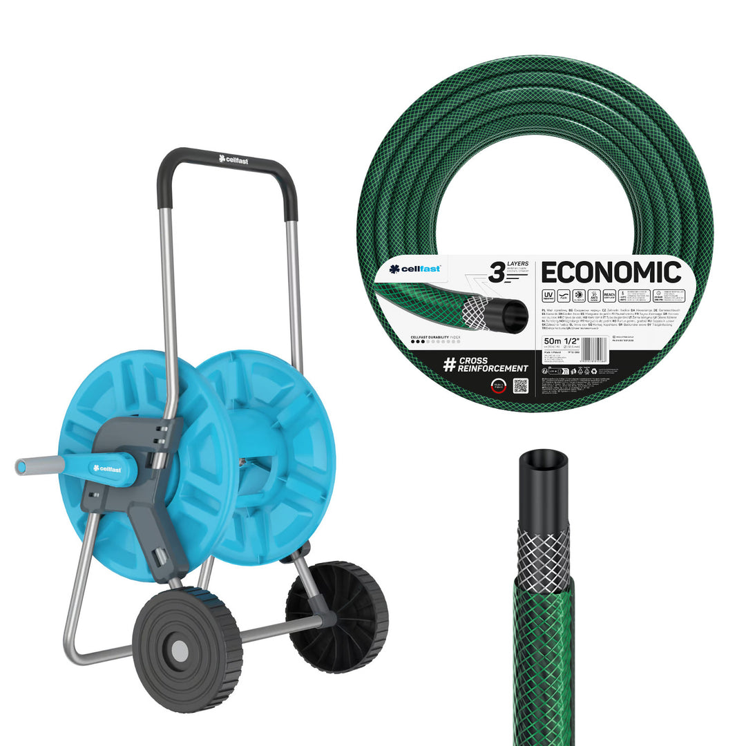 Carrello portatubo Cellfast Aluplus da 1/2" e 60 m + tubo da giardino Cellfast Economic da 1/2" e 50 m