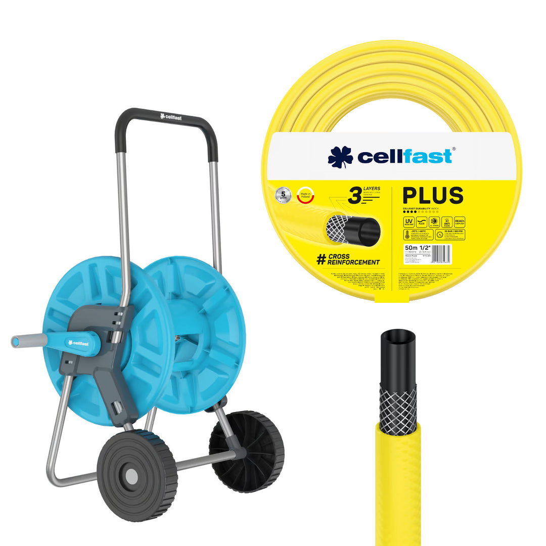 Carrello portatubo Cellfast Aluplus da 1/2" e 60 m + tubo da giardino Cellfast Plus da 1/2" e 50 m
