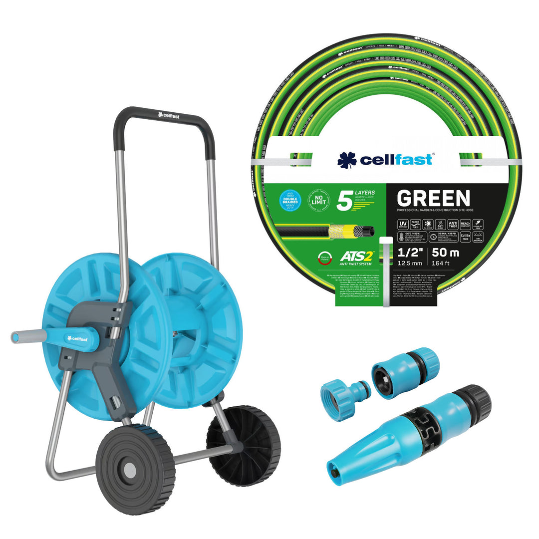 Carrello portatubo Cellfast Aluplus da 1/2" e 60 m + tubo da giardino Cellfast Green ATS2 da 1/2" e 50 m + set con irrigatore a getto diritto Cellfast Basic da 1/2"