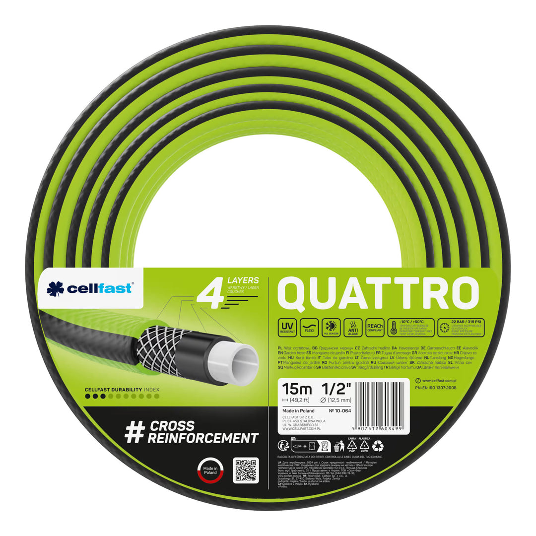 Carrello portatubo Cellfast Aluplus da 1/2" e 60 m + tubo da giardino Cellfast Quattro da 1/2" e 15 m + set con irrigatore a getto dritto Cellfast Basic da 1/2"