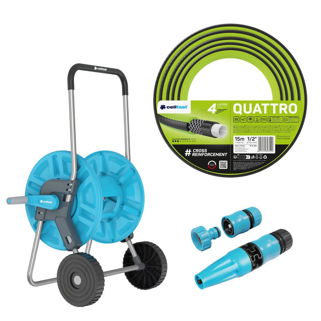 Carrello portatubo Cellfast Aluplus da 1/2" e 60 m + tubo da giardino Cellfast Quattro da 1/2" e 15 m + set con irrigatore a getto dritto Cellfast Basic da 1/2"
