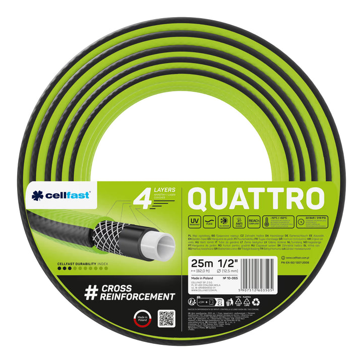 Carrello portatubo Cellfast Aluplus da 1/2" e 60 m + tubo da giardino Cellfast Quattro da 1/2" e 25 m + set con irrigatore a getto dritto Cellfast Basic da 1/2"