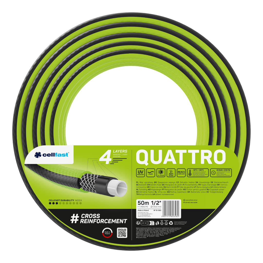 Carrello portatubo Cellfast Aluplus da 1/2" e 60 m + tubo da giardino Cellfast Quattro da 1/2" e 50 m + set con irrigatore a getto dritto Cellfast Basic da 1/2"