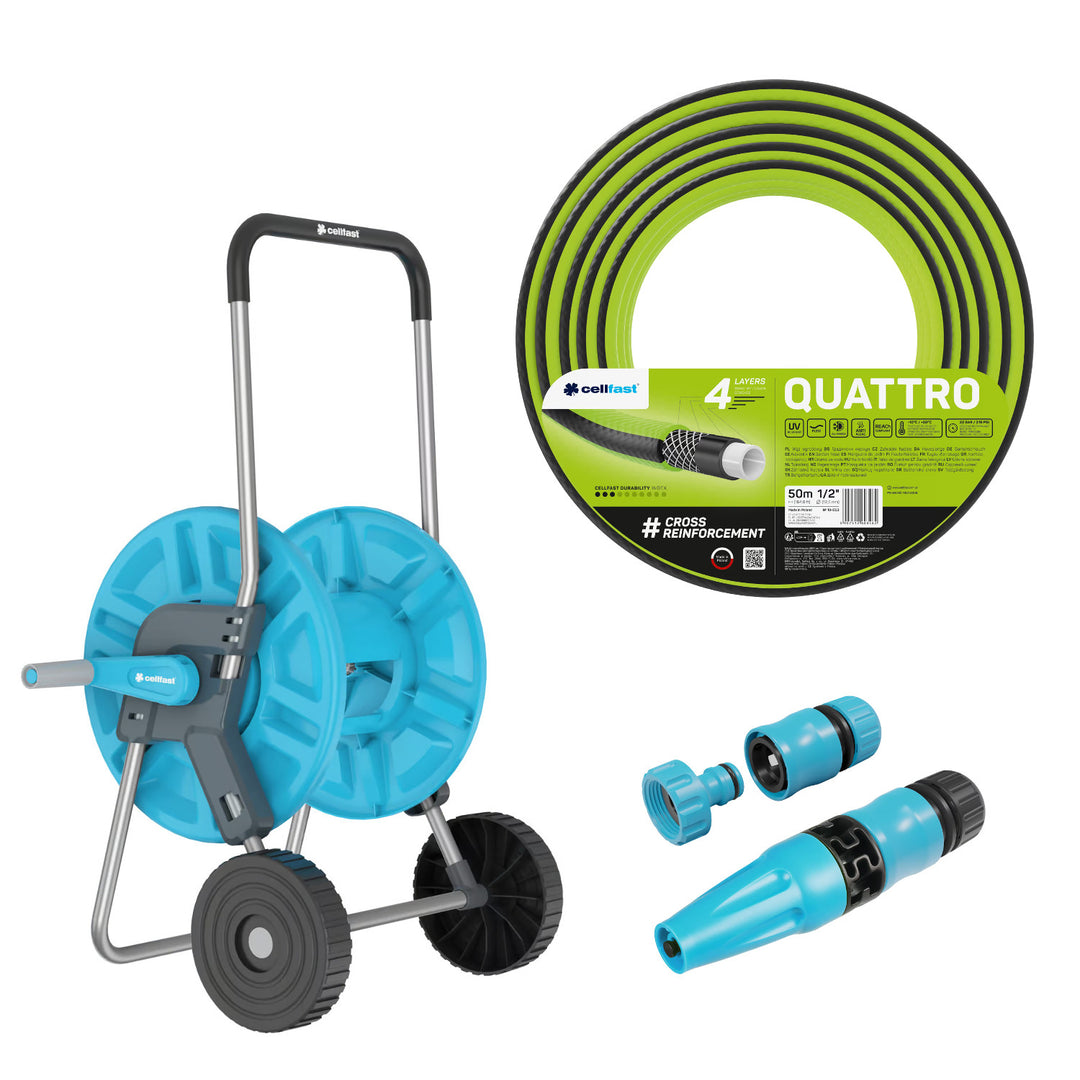 Carrello portatubo Cellfast Aluplus da 1/2" e 60 m + tubo da giardino Cellfast Quattro da 1/2" e 50 m + set con irrigatore a getto dritto Cellfast Basic da 1/2"