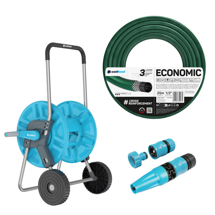 Carrello portatubo Cellfast Aluplus da 1/2" e 60 m + tubo da giardino Cellfast Economic da 1/2" e 25 m + set con irrigatore a getto diritto Cellfast Basic da 1/2"