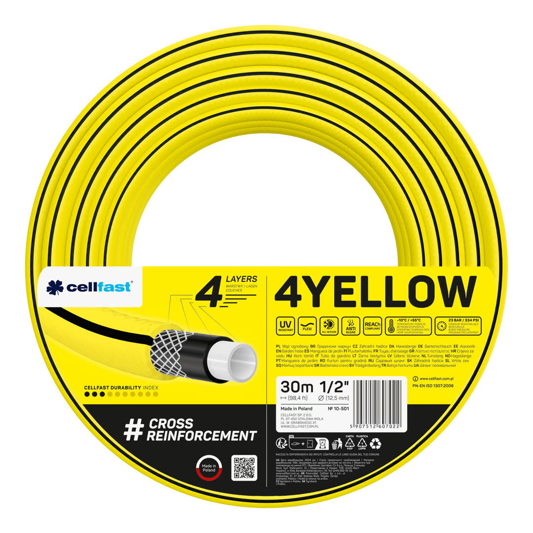 Carrello portatubo Cellfast Aluplus da 1/2" e 60 m + tubo da giardino Cellfast 4YELLOW da 1/2" e 30 m + set con irrigatore a getto diritto Cellfast Basic da 1/2"