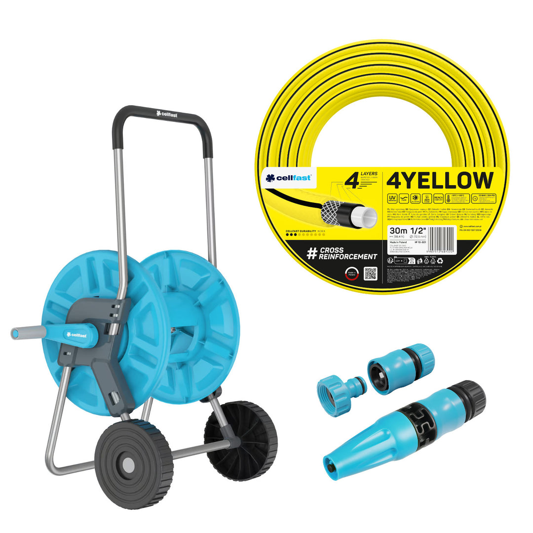 Carrello portatubo Cellfast Aluplus da 1/2" e 60 m + tubo da giardino Cellfast 4YELLOW da 1/2" e 30 m + set con irrigatore a getto diritto Cellfast Basic da 1/2"
