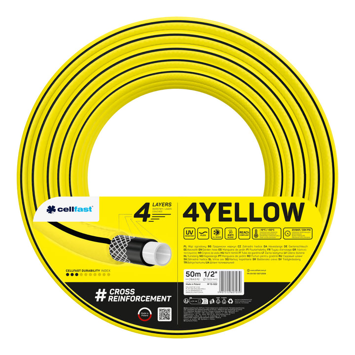 Carrello portatubo Cellfast Aluplus da 1/2" e 60 m + tubo da giardino Cellfast 4YELLOW da 1/2" e 50 m + set con irrigatore a getto diritto Cellfast Basic da 1/2"